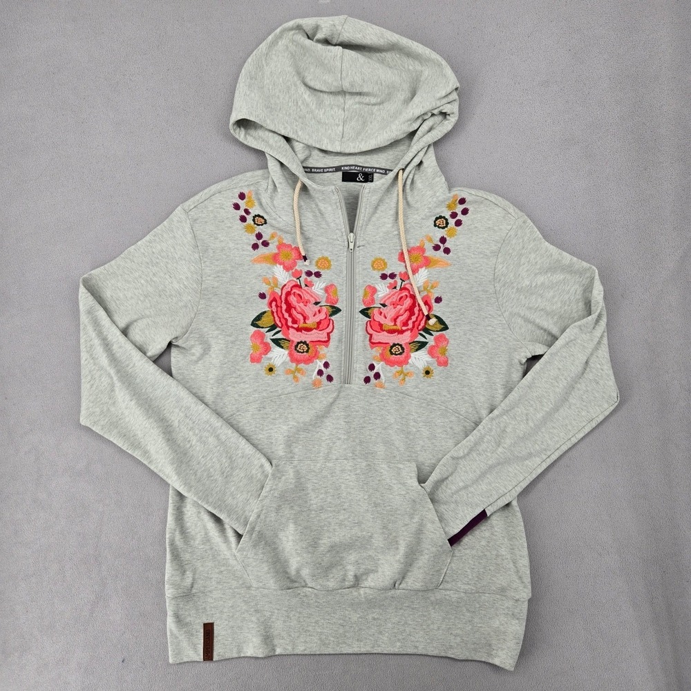 Ampersand Ave Women XXL Hoodie Gray Floral Embroidered Boho Quarter Zip Top